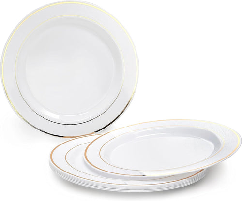 ' OCCASIONS ' 640Piece set (80 Guests)-Heavyweight Wedding Party Disposable Plastic Plate Set -80 x 10.5'' + 80 x 7.5'' + Silverware + Cups +linen like paper Napkins (Ivory & Gold Rim)