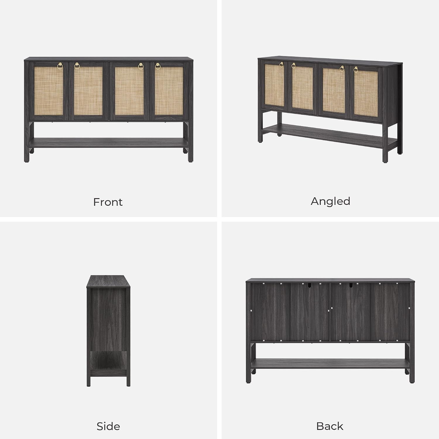 SICOTAS 55' Obsidian Sideboard Buffet Cabinet with Rattan Doors, Modern Industrial Coffee Bar Cabinet with Open Shelf, Black Wood Credenza & Console Table for Entryway, Kitchen, Dining Room