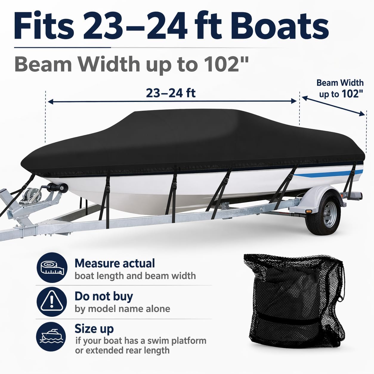 Angink 23ft-24ft Large Boat Cover Waterproof Marine Grade 600D Canvas, Fits Cuddy Cabin, Large Runabout & Deck Boats (Beam Width up to 102'), Winter Storage & Travel - Black
