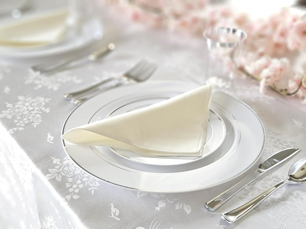 ' OCCASIONS ' 1080 pcs/120 Guest-Full Tableware SetWedding Disposable Plastic Plates Silverware, Silver Rim Tumblers & Linen Feel Napkins/Metal Napkin Rings(Combo D, White & Silver Rim)