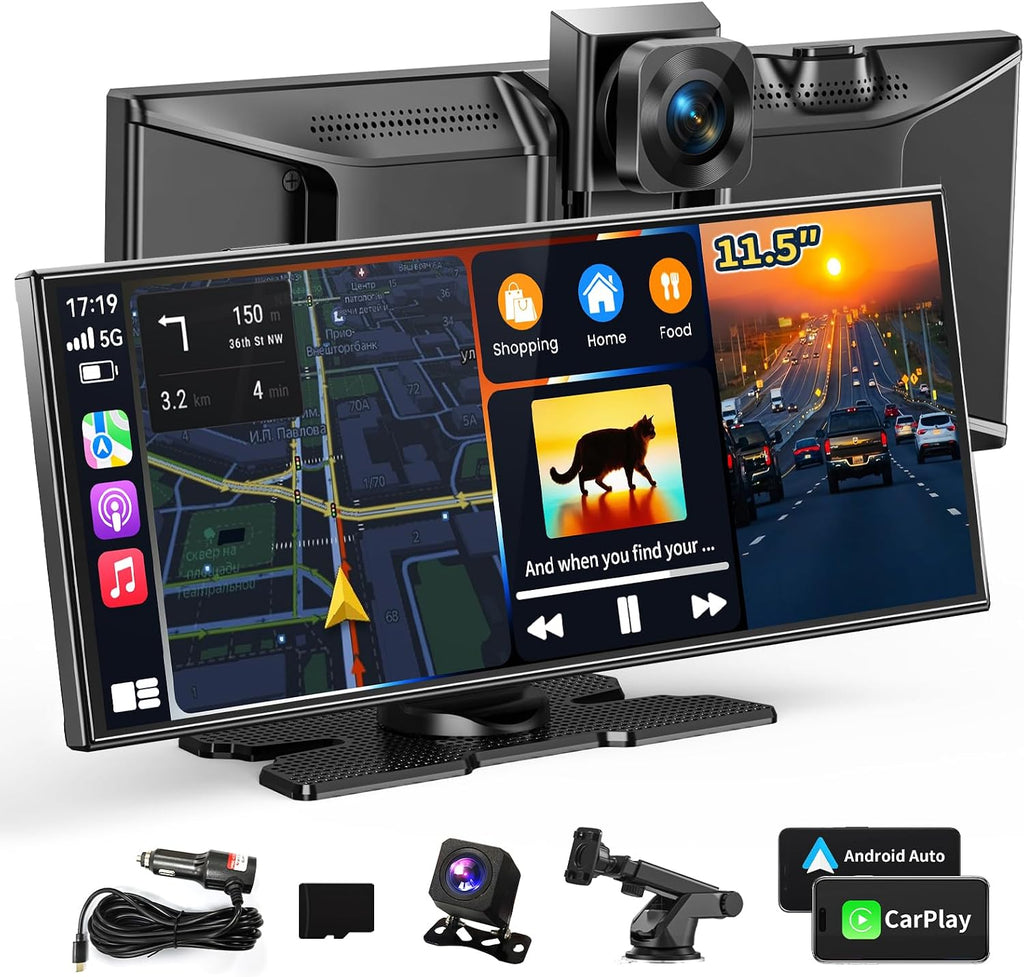 Largest 11.5' Portable Carplay Screen for Car, 4K Wireless Car Play & Android Auto, Upgrade Touchscreen with Dash Cam, App Control/Loop Recording/Backup Camera/Mirror Link/GPS/FM for All Vehicles
