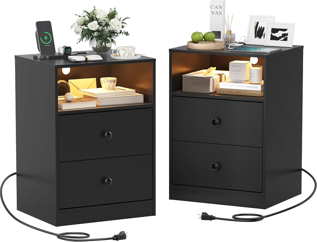 Nightstand Set of 2 Bedside Table with Charging Station & LED Lights Wood Side Table with 2 Drawers Black End Table for Bedroom Living Room