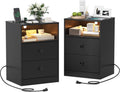 Nightstand Set of 2 Bedside Table with Charging Station & LED Lights Wood Side Table with 2 Drawers Black End Table for Bedroom Living Room
