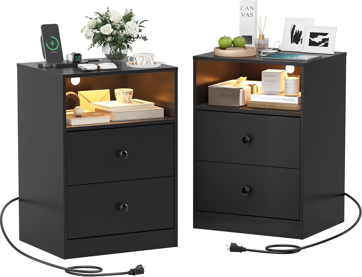 Nightstand Set of 2 Bedside Table with Charging Station & LED Lights Wood Side Table with 2 Drawers Black End Table for Bedroom Living Room