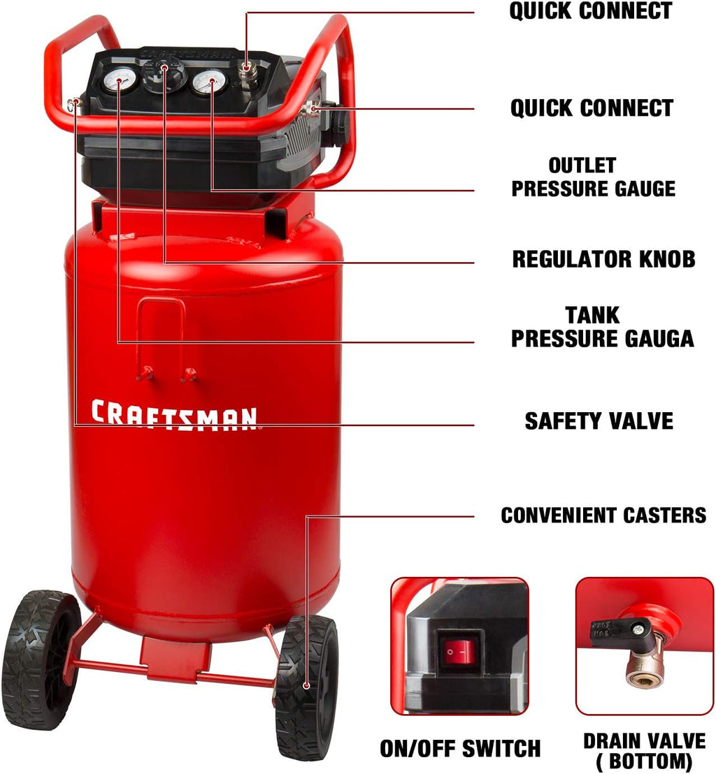 Craftsman Air Compressor, 20 Gallon Oil-Free 1.8 HP Max 175 PSI Pressure Two Quick Couplers Big Capacity, Red- CMXECXA0232043