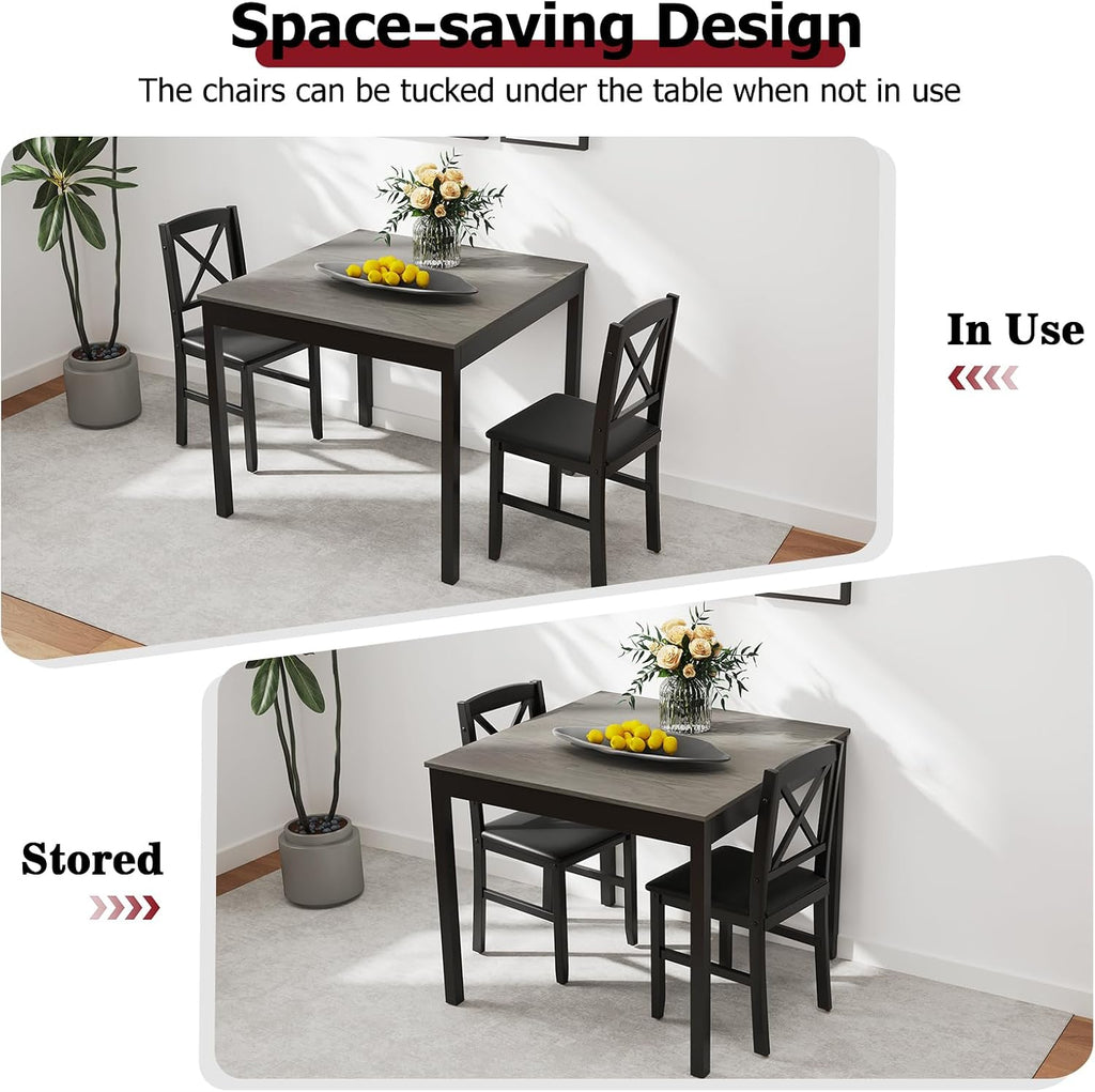 Tangkula Mid-Century Modern Dining Table Set for 2, Wooden Kitchen Table & 2 Chairs with Padded Seats, 3-Piece Compact Dining Set for Small Spaces, Kitchen, Living Room (Grey+Black)