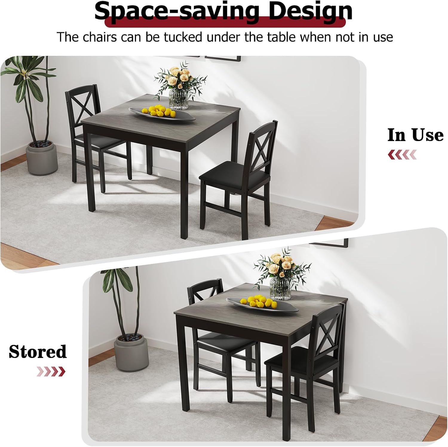 Tangkula Mid-Century Modern Dining Table Set for 2, Wooden Kitchen Table & 2 Chairs with Padded Seats, 3-Piece Compact Dining Set for Small Spaces, Kitchen, Living Room (Grey+Black)