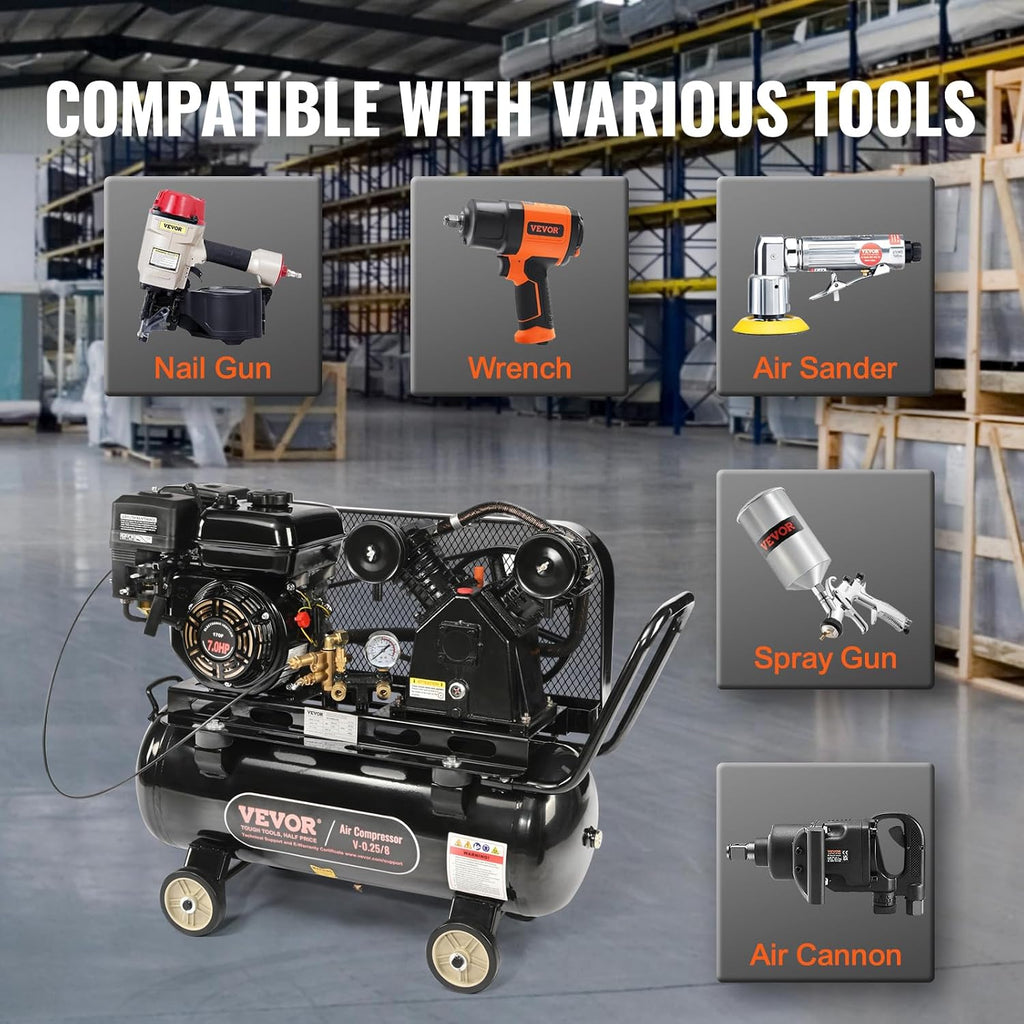 VEVOR 13.2 Gallon Gas Powered Air Compressor, 7HP 9CFM@115PSI Air Compressor Tank on Wheels, Gas Driven Piston Pump Air Compressed System with 115PSI Maximum Pressure for Workshop Construction Sites