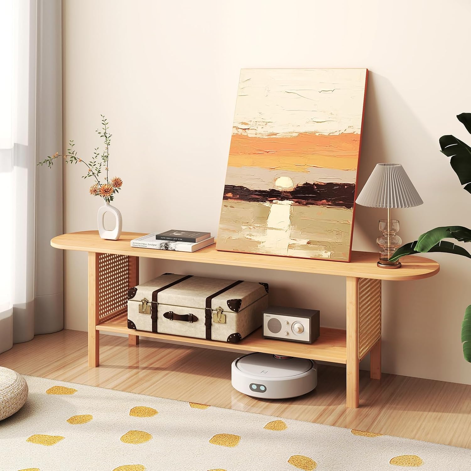 HollyHOME Bamboo TV Stand with Storage for TVs up to 65', Modern Entertainment Center with Rattan Side, Accent TV Table with 2 Shelf, Media Console TV Stand for Living Room, Bedroom, Burlywood