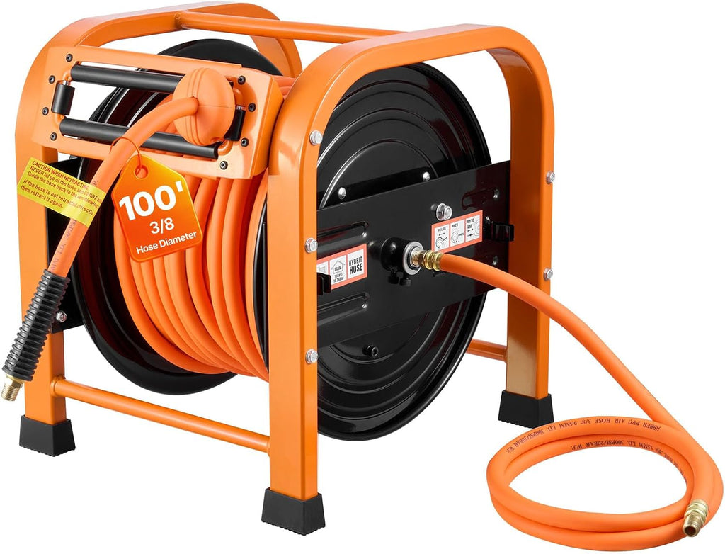VEVOR Retractable Air Hose Reel, 3/8 Inch x 100 FT Hybrid Air Hose Max 300PSI, Auto Rewind Air-Compressor Hoses Reel with 5ft Lead in, Portable Freestanding Heavy Duty Steel Reel for Garages Workshops