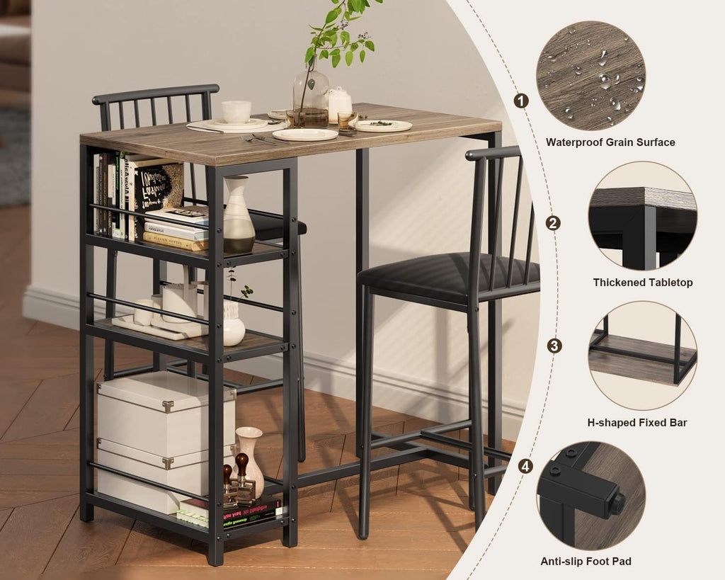 Gizoon Dining Table Set for 2 with 3 Storage Shelves, Kitchen Table and Chairs for 2 with Pu Cushion Chairs & Thick Wood Top, 3 Piece Dining Table Set for Small Space, Apartment - Grey