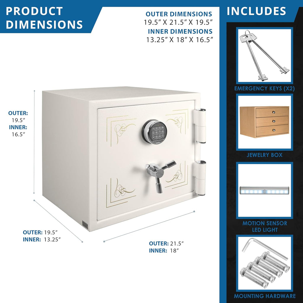BARSKA 1.91 Cu Ft Fireproof Jewelry Safe with Digital Keypad, Motion Sensor LED, Wooden Drawers & Glass Shelf – 30 Min Fire Protection, Steel Deadbolts, White Home Security Safe