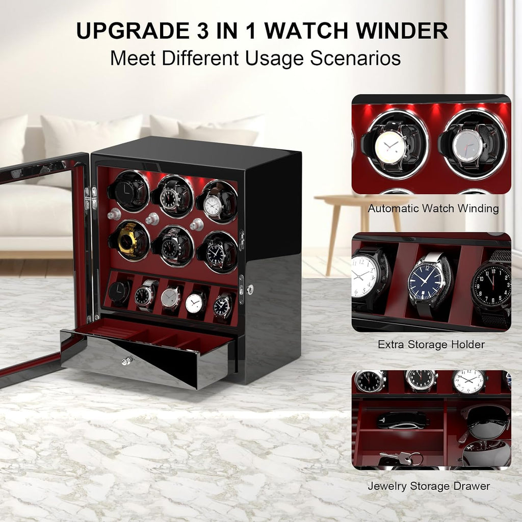 DUKWIN Watch Winder for 4/6/8 Automatic Watches, Lockable Winders with Watch Holders and Jewelry Storage, Super Quiet Motor with High-Gloss Finish, Built-in Illumination