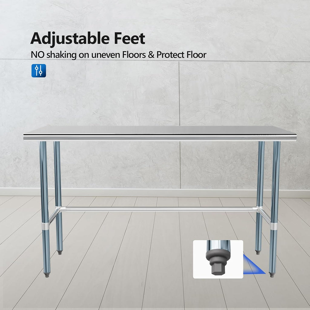 ROVSUN 60' x 24' Stainless Steel Open Base Table, NSF Commercial Metal Table, Heavy Duty Prep & Work Table with Galvanized Legs for Home Kitchen, Restaurant,Hotel, Garage, Laundry, Utility