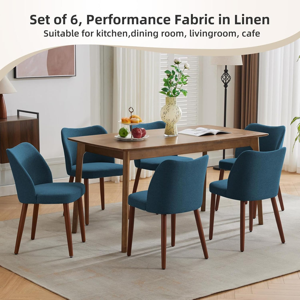 GarveeHome Linen Dining Chairs Set of 2 Upholstered Fabric Dining Chair with Wood Legs, Wing Backrest, Wooden Kitchen Chairs with Thick Cushions, Leveling Feet for Dining Room, Living Room, Blue