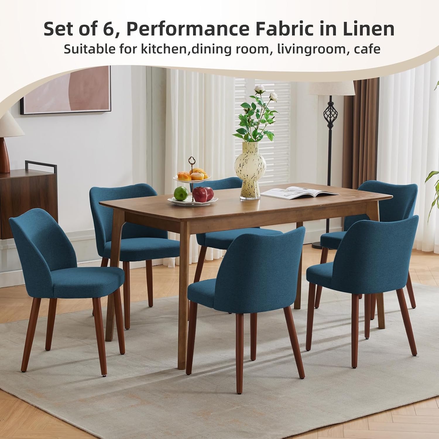 GarveeHome Linen Dining Chairs Set of 2 Upholstered Fabric Dining Chair with Wood Legs, Wing Backrest, Wooden Kitchen Chairs with Thick Cushions, Leveling Feet for Dining Room, Living Room, Blue