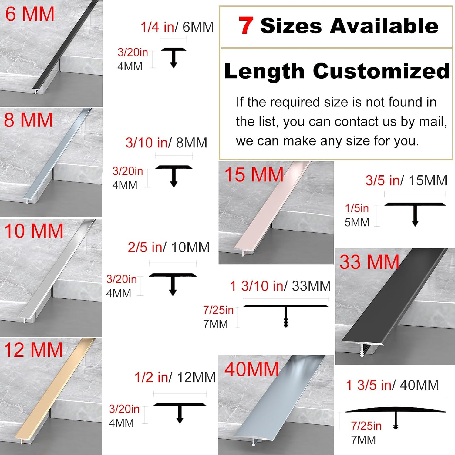 Extra Narrow Metal Floor Divider Cover Transition Strip Black Room Strip,T-Shaped Seam Joining for Door Threshold and Flooring Gaps (W 1 3/10 in/33mm,44 in/111.8cm)