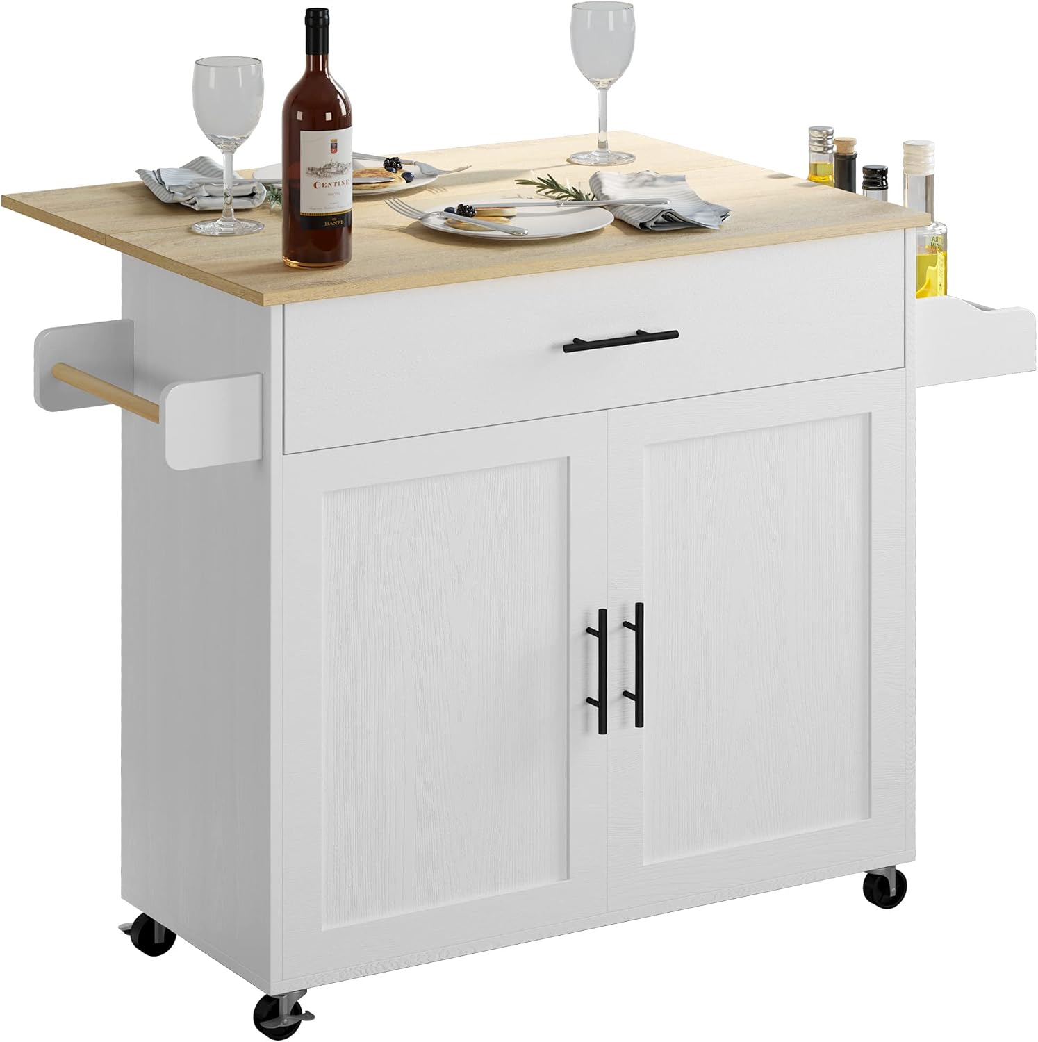IRONCK Rolling Kitchen Island Table on Wheels with Drop Leaf, Storage Cabinet, Drawer, Spice/Towel Rack, Kitchen Cart, 47.25' Wide White