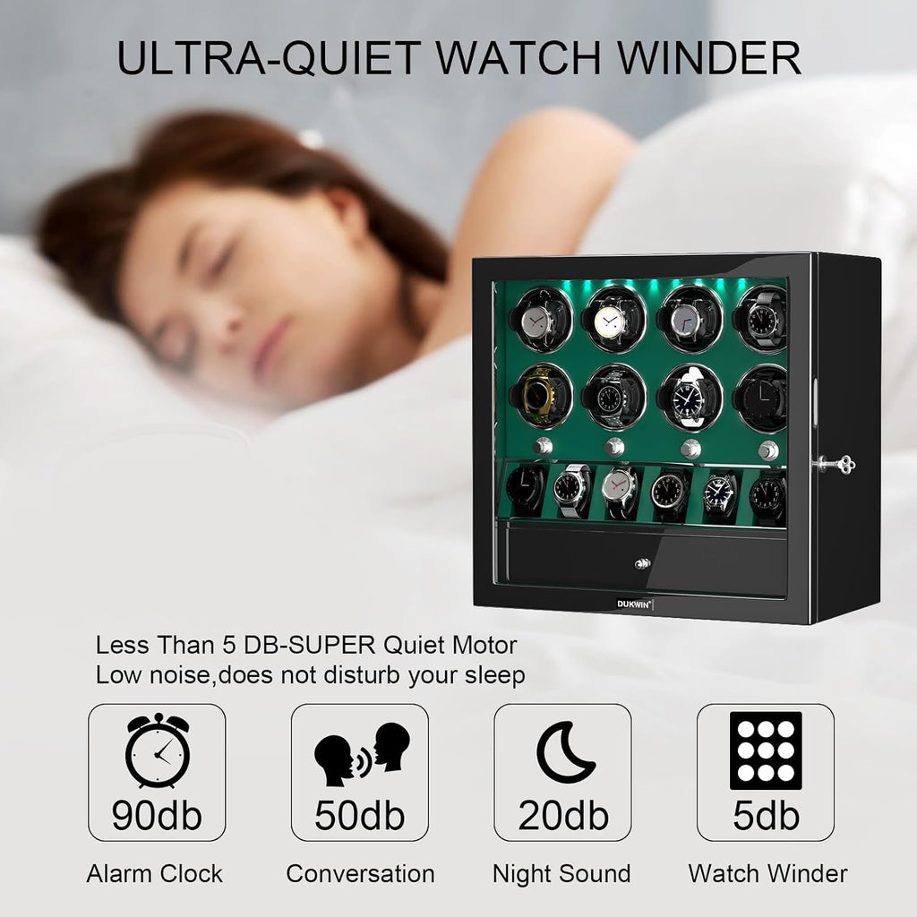 DUKWIN Watch Winder for 4/6/8 Automatic Watches, Lockable Winders with Watch Holders and Jewelry Storage, Super Quiet Motor with High-Gloss Finish, Built-in Illumination