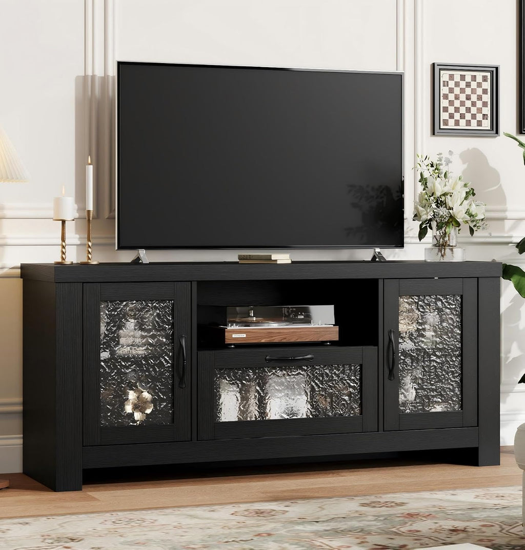IDEALHOUSE TV Stand for 65 Inch TV, Farmhouse Entertainment Center with Acrylic Door Storage Cabinet & Adjustable Shelves, TV Console Table for Living Room Bedroom, Black
