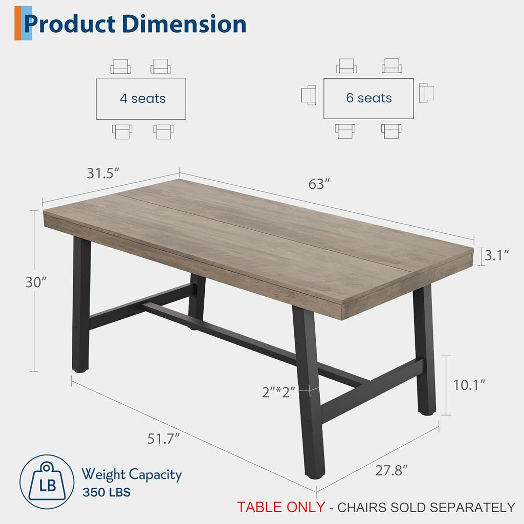 GarveeHome Industrial Dining Table for 4-6 People, 63 in Long Wooden Kitchen Table with Sturdy Metal Frame & Grey Finish - Seats 4 Rectangular Counter for Dinner, Kitchen, Dining Room - Grey