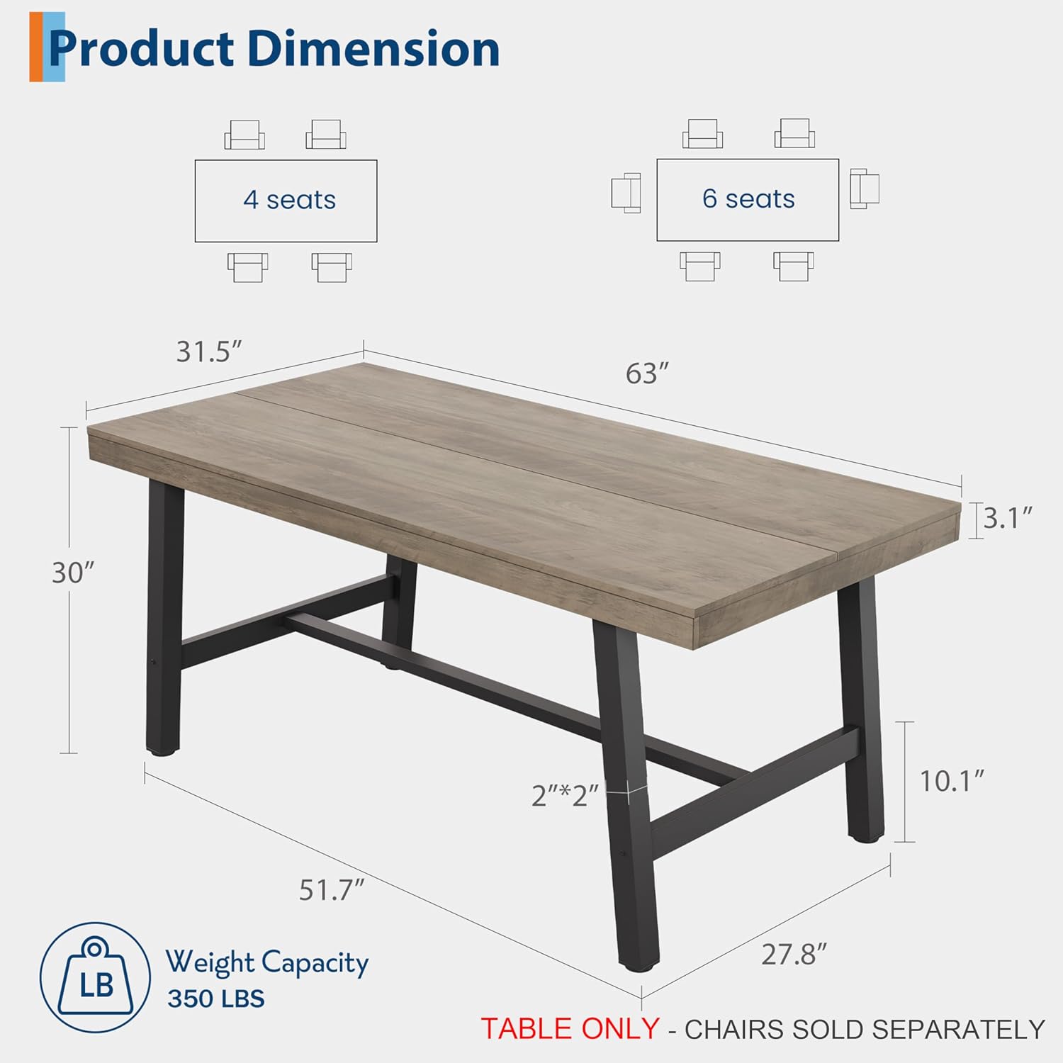 GarveeHome Industrial Dining Table for 4-6 People, 63 in Long Wooden Kitchen Table with Sturdy Metal Frame & Grey Finish - Seats 4 Rectangular Counter for Dinner, Kitchen, Dining Room - Grey