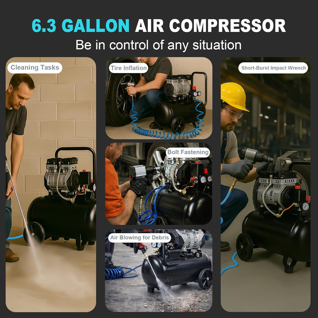 AAIN 6.3 Gallon Air Compressor | 1.5 HP 5.5-6 CFM Displacement Oil-Free Electric Compressor Tank with Max. 116PSI Pressure | 70dB Ultra Quiet for Tire Inflation, Air Blowing, Woodwork Nailing