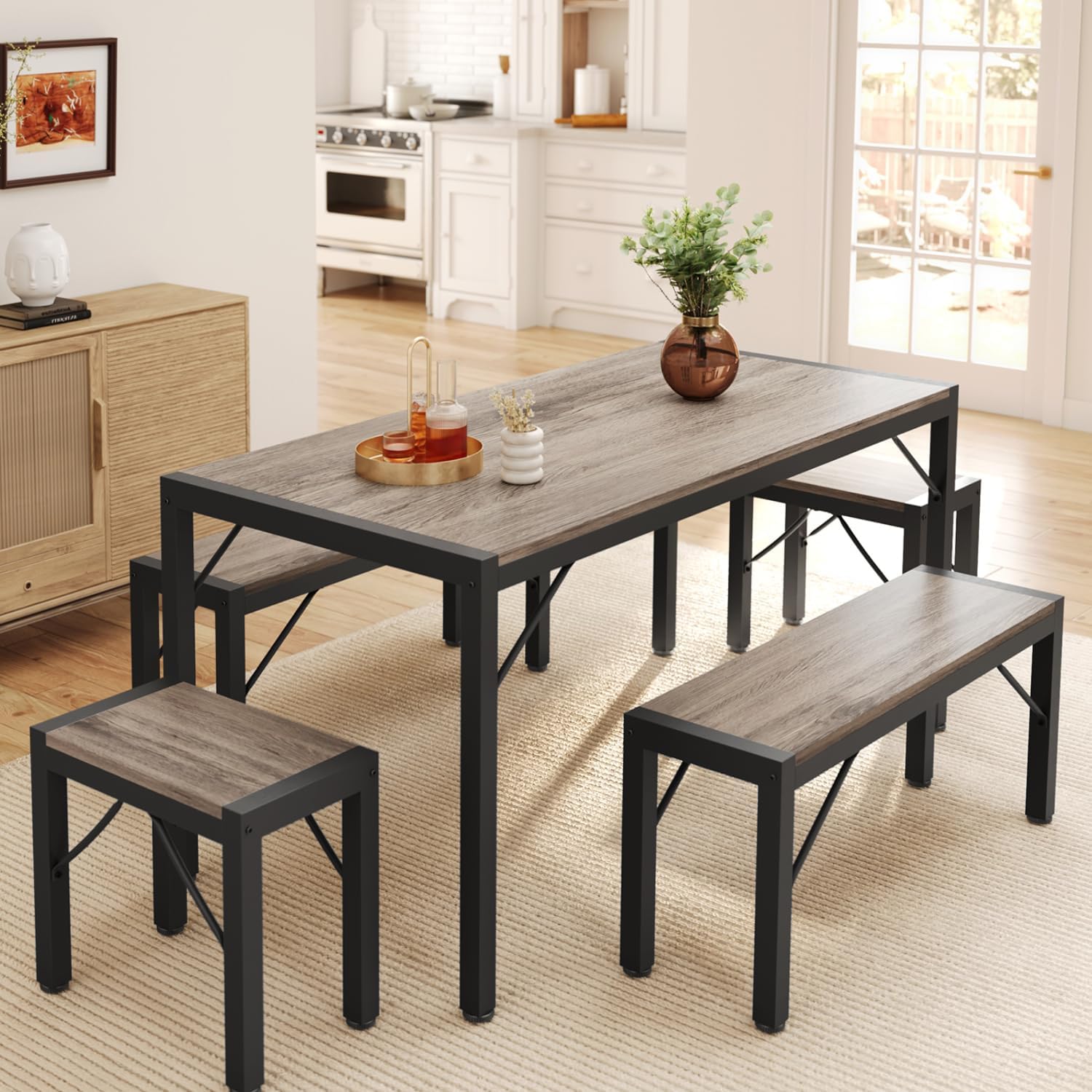 Gizoon 63' Dining Room Table Set for 6, Kitchen Table with 2 Benches and 2 Stools, Dining Table Set with Metal Frame, Space-Saving Kitchen Table Set for Apartment, Grey
