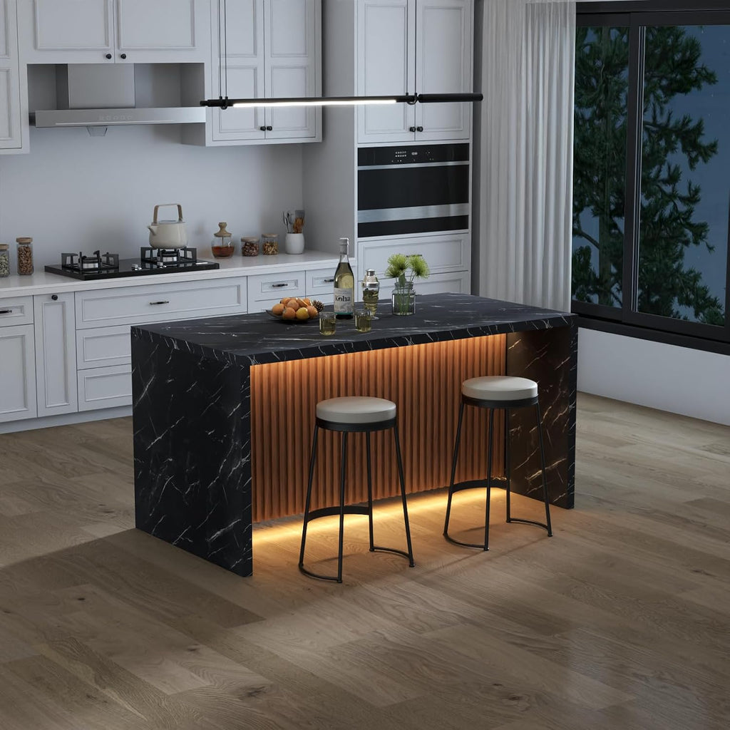 63' Large Imitation Marble Dining Table for 4-6 People(Patent Pending),Island Table with LED Lights,Mordern Marble Stripes Kitchen Dining Table with Grille design for Dining Room,Living Room (Black)