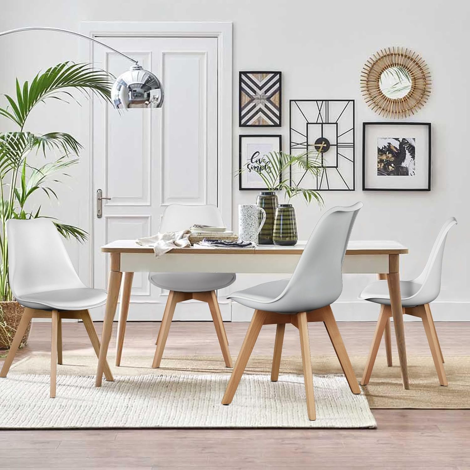 OLIXIS Dining Chairs Set of 4, PU Leather Upholstered Kitchen Chairs with Solid Wood Legs, Mid Century Modern Accent Chairs for Living Room, Bedroom, Patio, White