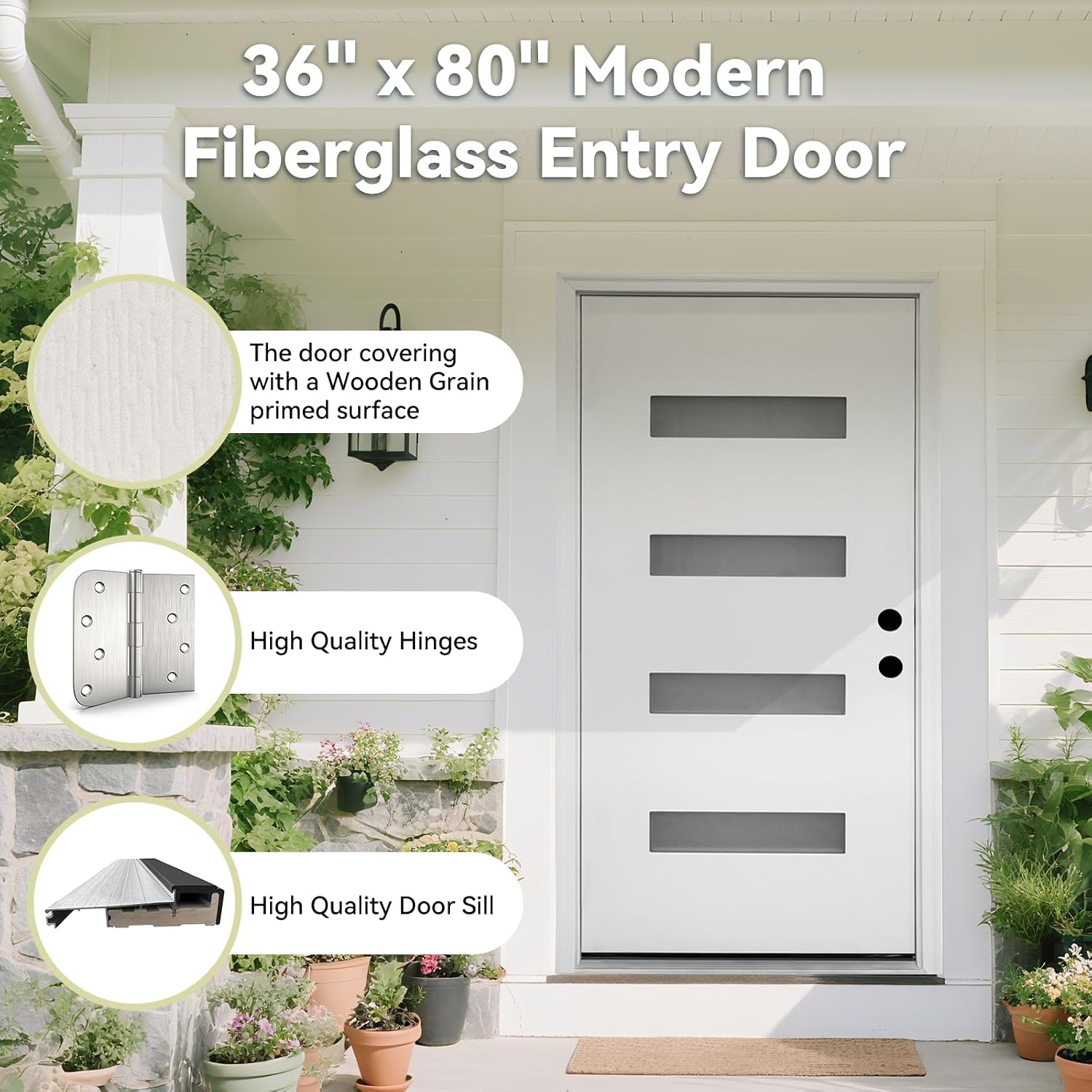 Fiberglass Front Entry Door, 36' x 80' White Knock-Down Door with 4-Lite Frosted Glass, 4-9/16' White Vinyl Frame & Left-Hand Inswing, Modern Style for Residential Exterior Use
