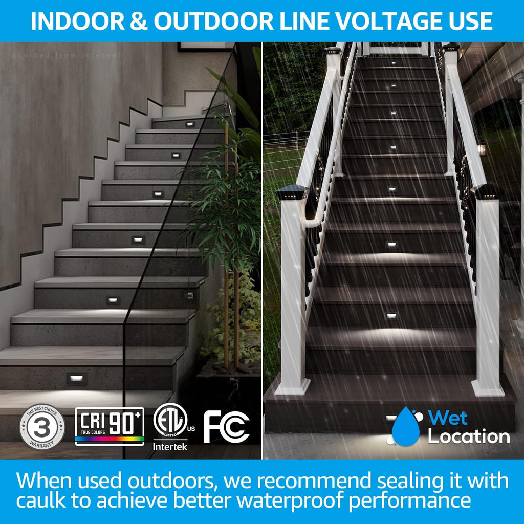 LEONLITE 12-Pack 5CCT 120V LED Step Lights, 3.5W 5%-100% Dimmable Stair Lights Indoor Outdoor Wet Location, CRI90, ETL, Aluminum, 150LM, Horizontal, 2700K/3000K/3500K/4000K/5000K, Black