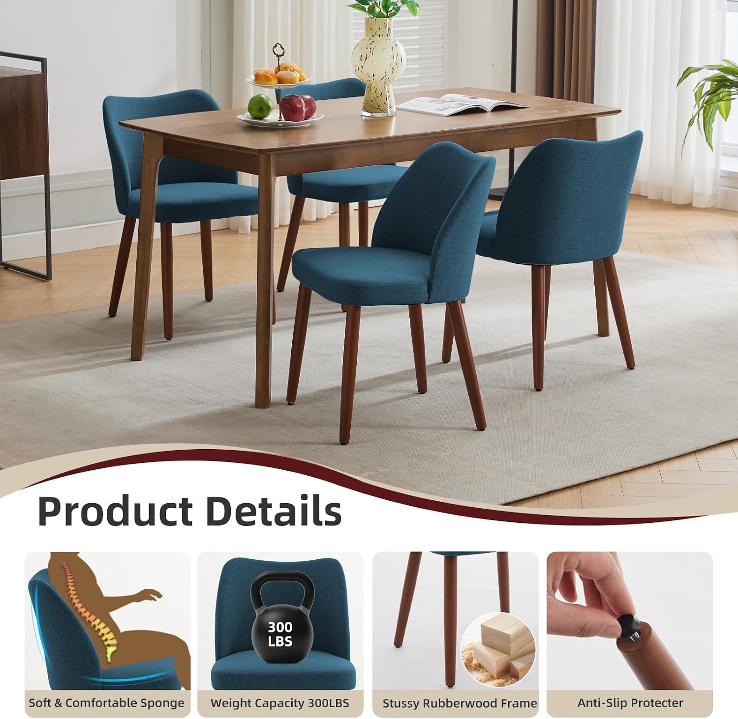 GarveeHome Linen Dining Chairs Set of 2 Upholstered Fabric Dining Chair with Wood Legs, Wing Backrest, Wooden Kitchen Chairs with Thick Cushions, Leveling Feet for Dining Room, Living Room, Blue