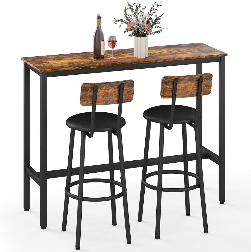 Zevemomo Dining Table Set for 2, 3-Piece Bar Table and Chairs Set, Kitchen Table and Chairs, High Top Table with 2 PU Upholstered Stools, Space-Saving Pub Table Sets for Small Space, Brown