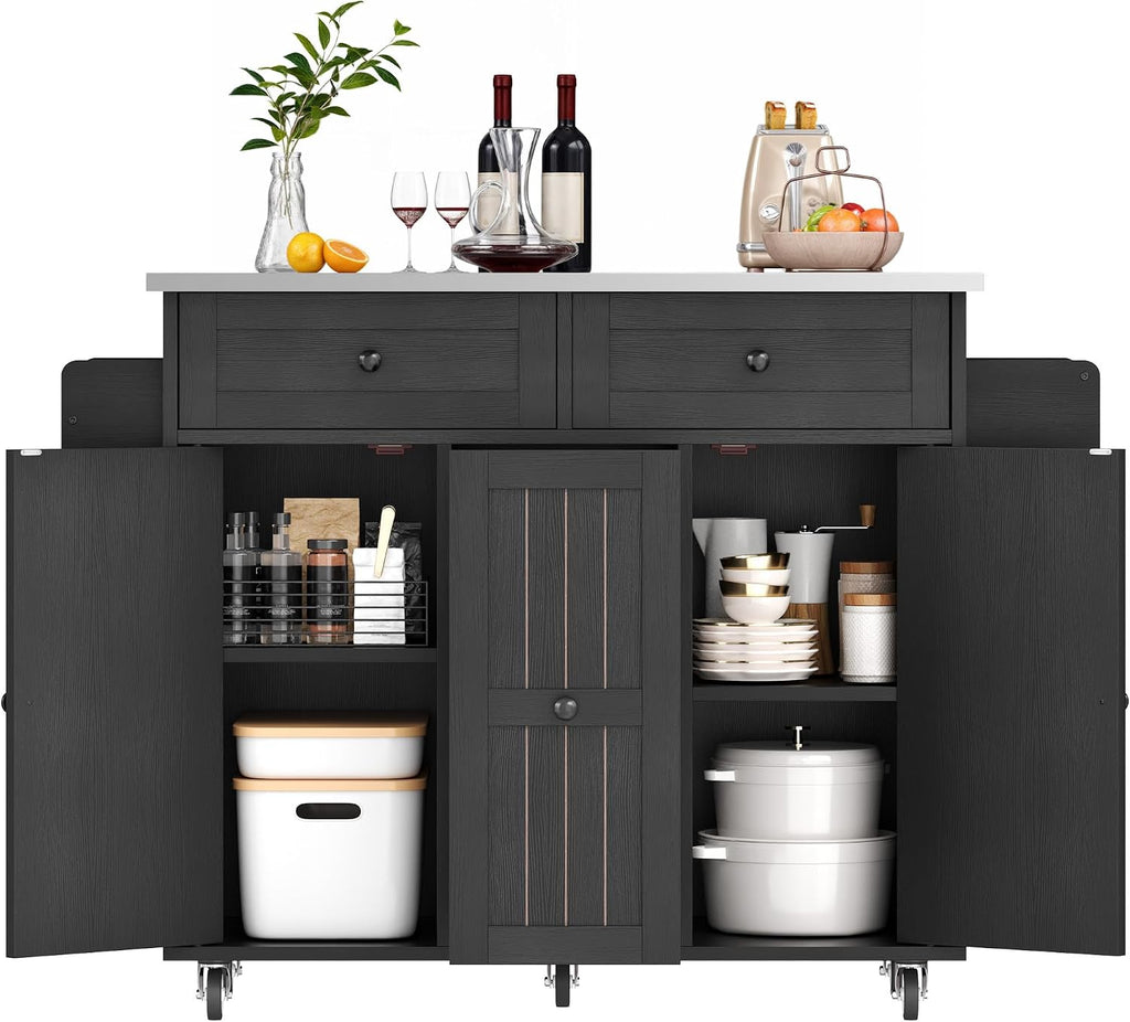 DWVO Kitchen Island on Wheels, Mobile Kitchen Island Cart with Folding Drop Leaf Breakfast Bar, Island Table for Kitchen with Large Storage Cabinets, Racks, Drawers and Adjustable Shelves, Black