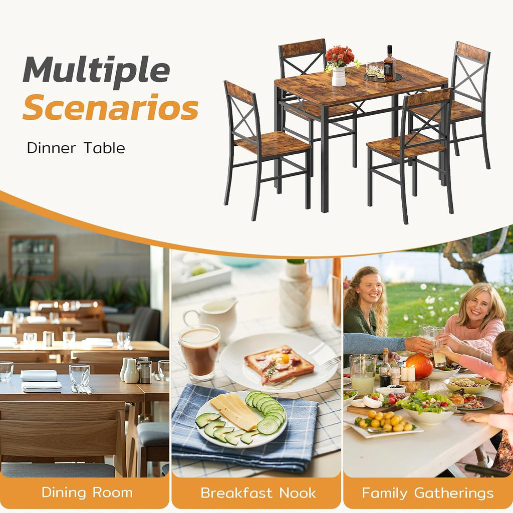 Zevemomo 5-Piece Dining Table Set, Breakfast Nook Table Set, Kitchen Table Chairs Set of 4, Small Dining Table Set for 4 X-Shaped Curved Backrest Chairs, for Small Spaces & Living Room-Rustic Brown