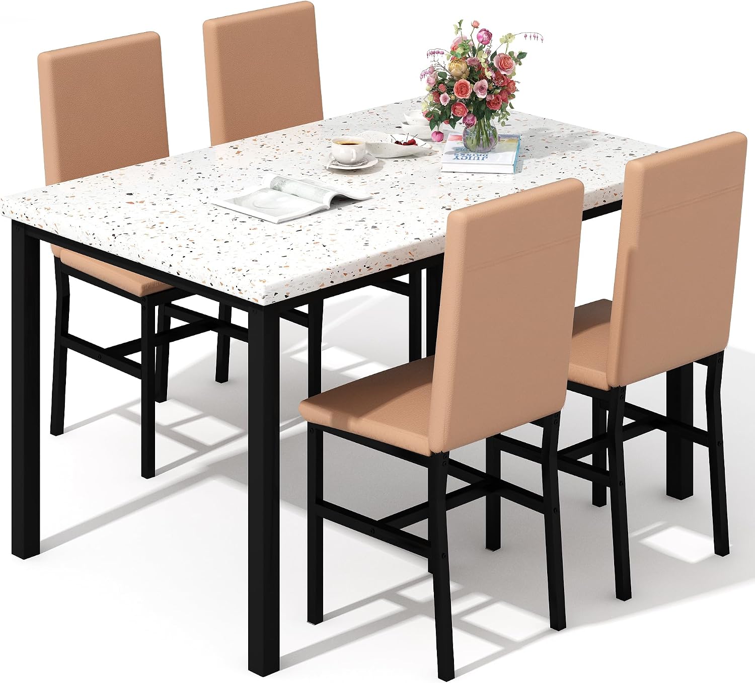 Hooseng 5 Piece Dining Table Set for 4, Small Faux Marble Kitchen Table with 4 PU Leather Chairs, Modern Dining Room Table Set for Small Space, Breakfast Nook, Dinette