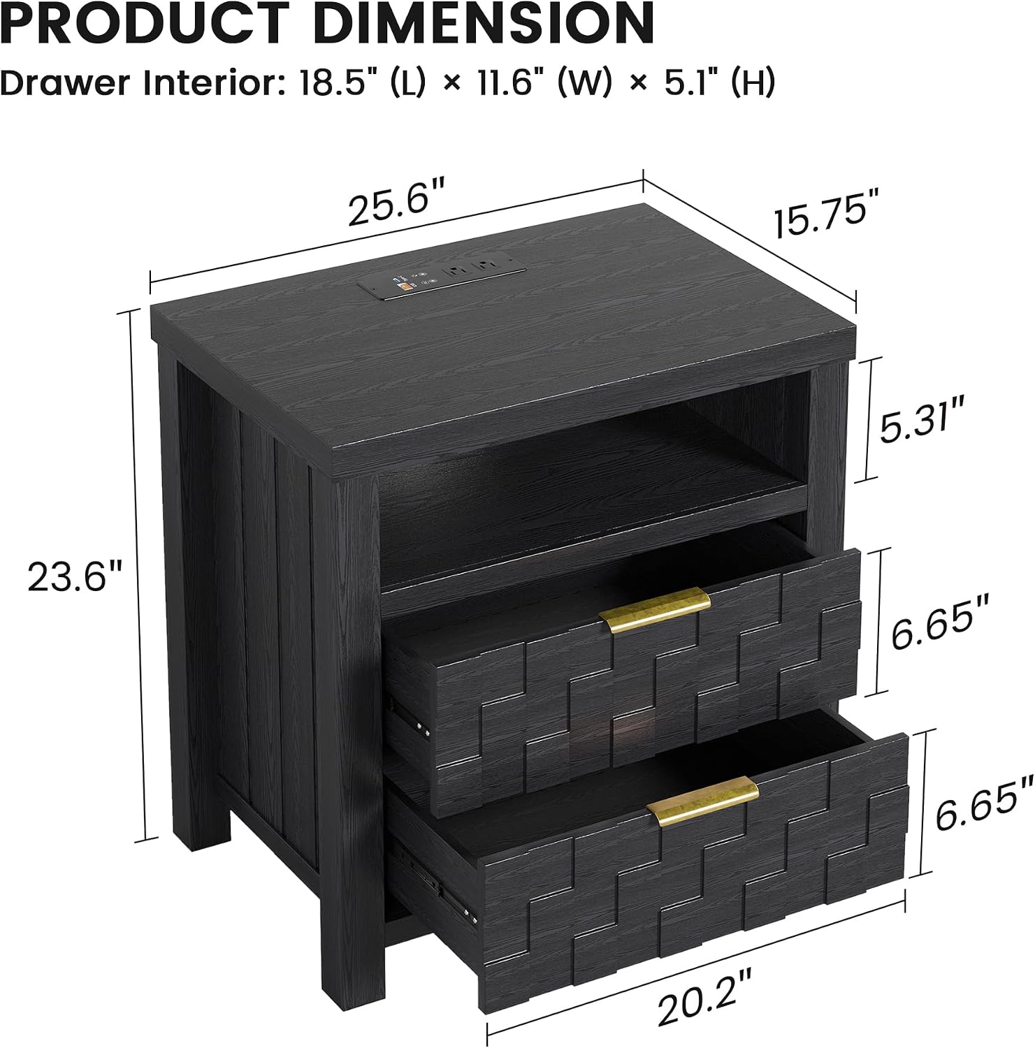 Dystler Nightstand with Charging Station, 25.6' Wide Bedside Table with 2 Drawers, Smart Side Table with 3-Color LED Lights and Adjustable Lighting for Bedroom, Black
