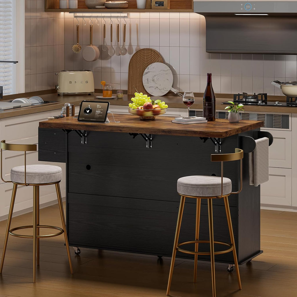60' Kitchen Island with Power Outlet & Drop Leaf, Kitchen Rolling Island with Spice Rack & Towel Rack, Knife Holder, Kitchen Island Cart with Trash Storage Cabinet, Mobile Island Table for Kitchen