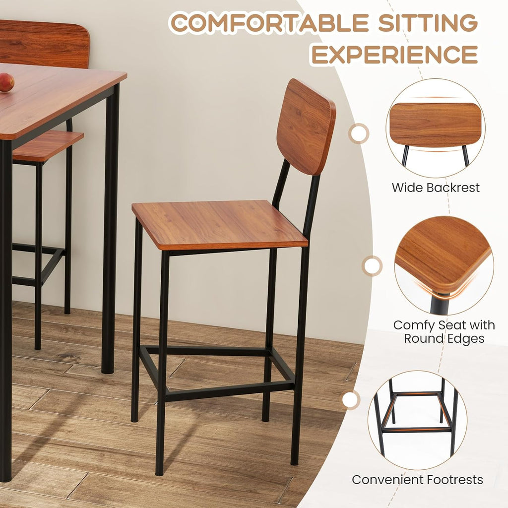 Giantex 5-Piece Dining Table Set W/Counter Height Table & 4 Bar Stools, Industrial Kitchen Dining Table Set W/Footrest & Backrest, Space-Saving Dinette Set for Pub, Dining Room, Restaurant (Walnut)