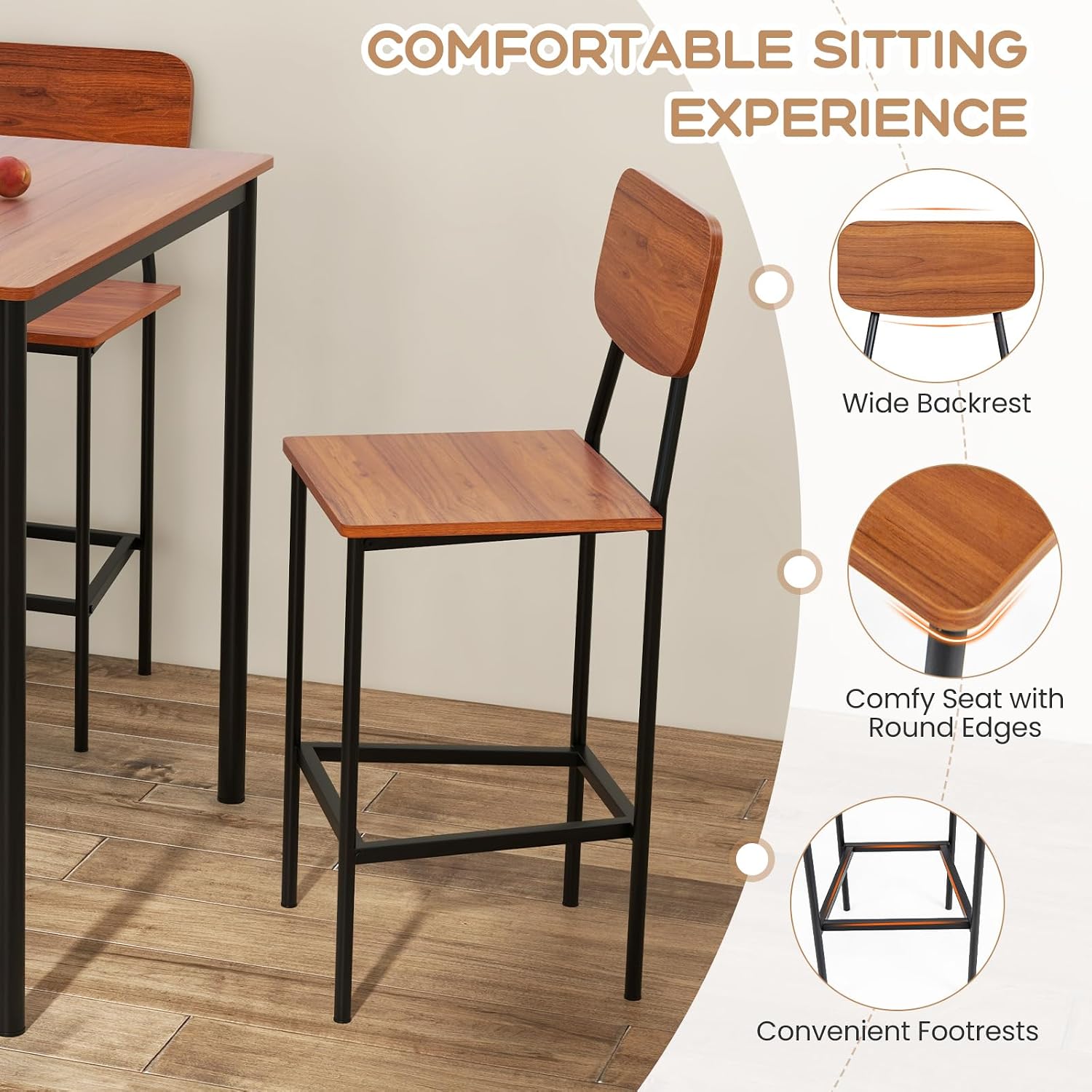 Giantex 5-Piece Dining Table Set W/Counter Height Table & 4 Bar Stools, Industrial Kitchen Dining Table Set W/Footrest & Backrest, Space-Saving Dinette Set for Pub, Dining Room, Restaurant (Walnut)