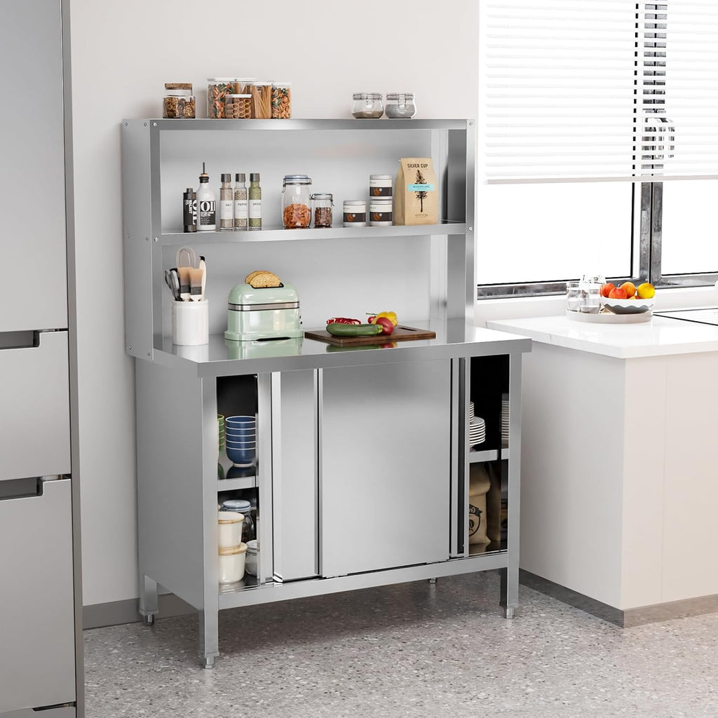 ROVSUN All Stainless Steel Table with Overshelves 39' X 19', NSF Commercial Heavy Duty Pre Table with Large Space Storage Cabinet for Kitchen Restaurant Hotel Garages