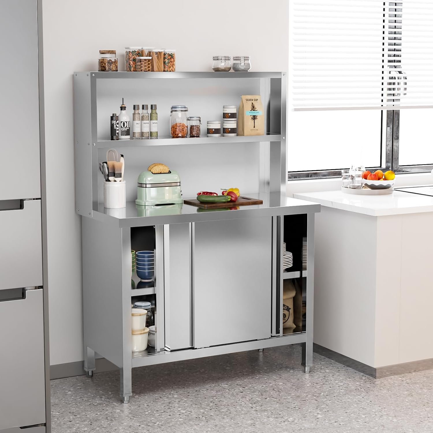 ROVSUN All Stainless Steel Table with Overshelves 39' X 19', NSF Commercial Heavy Duty Pre Table with Large Space Storage Cabinet for Kitchen Restaurant Hotel Garages