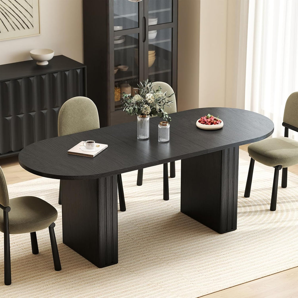 Zevemomo 62.99'-78.74' Oval Expandable Dining Table, Extendable Dining Room Table for 4-8 People with Wooden Strip Base, Modern Kitchen Table with Slide Metal Track, for Family Living Room-Black
