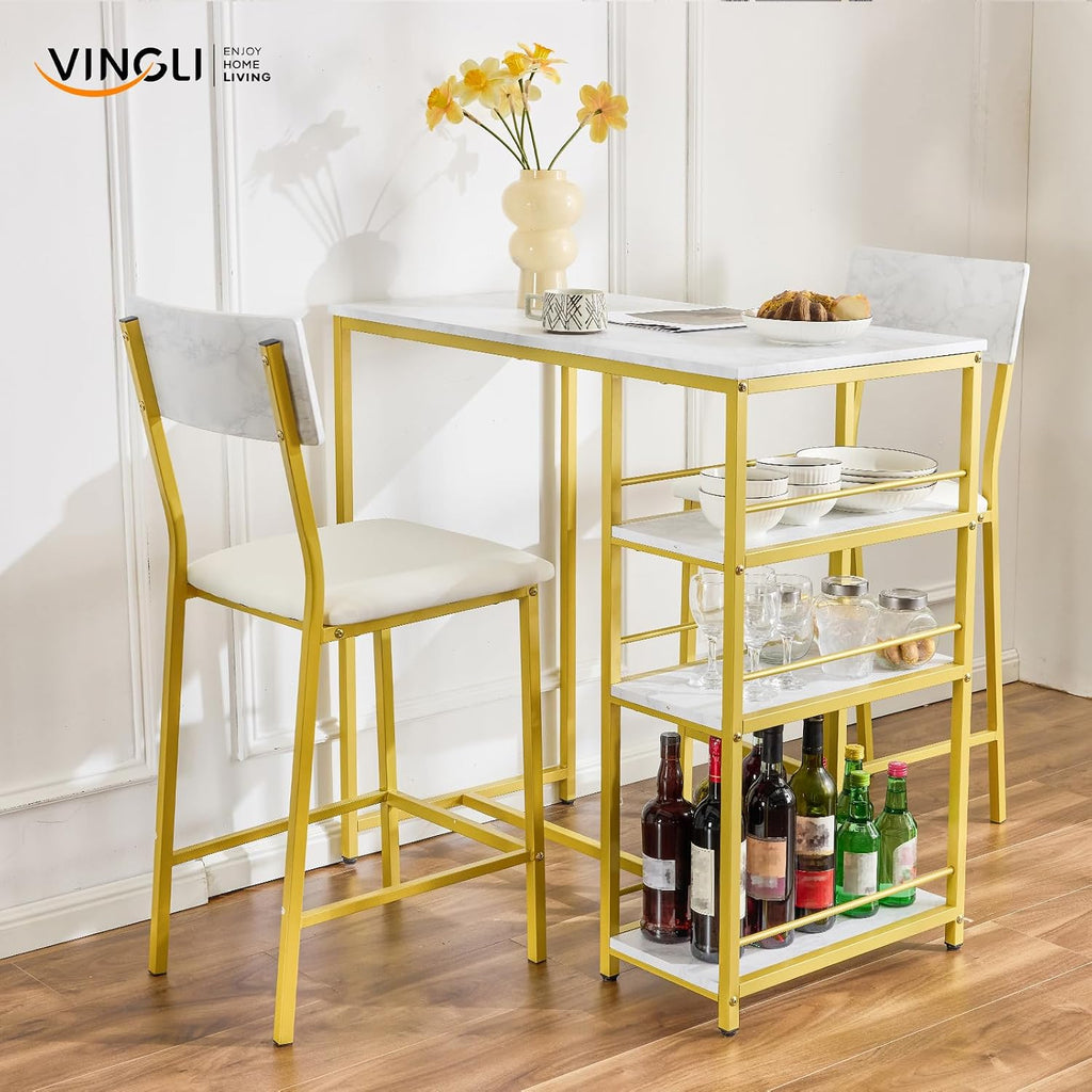 VINGLI Dining Table Set for 2, Kitchen Breakfast Counter Height Small 3 Piece Bar Table and Chairs Set with Storage, White Imitation Marble, Golden Frame