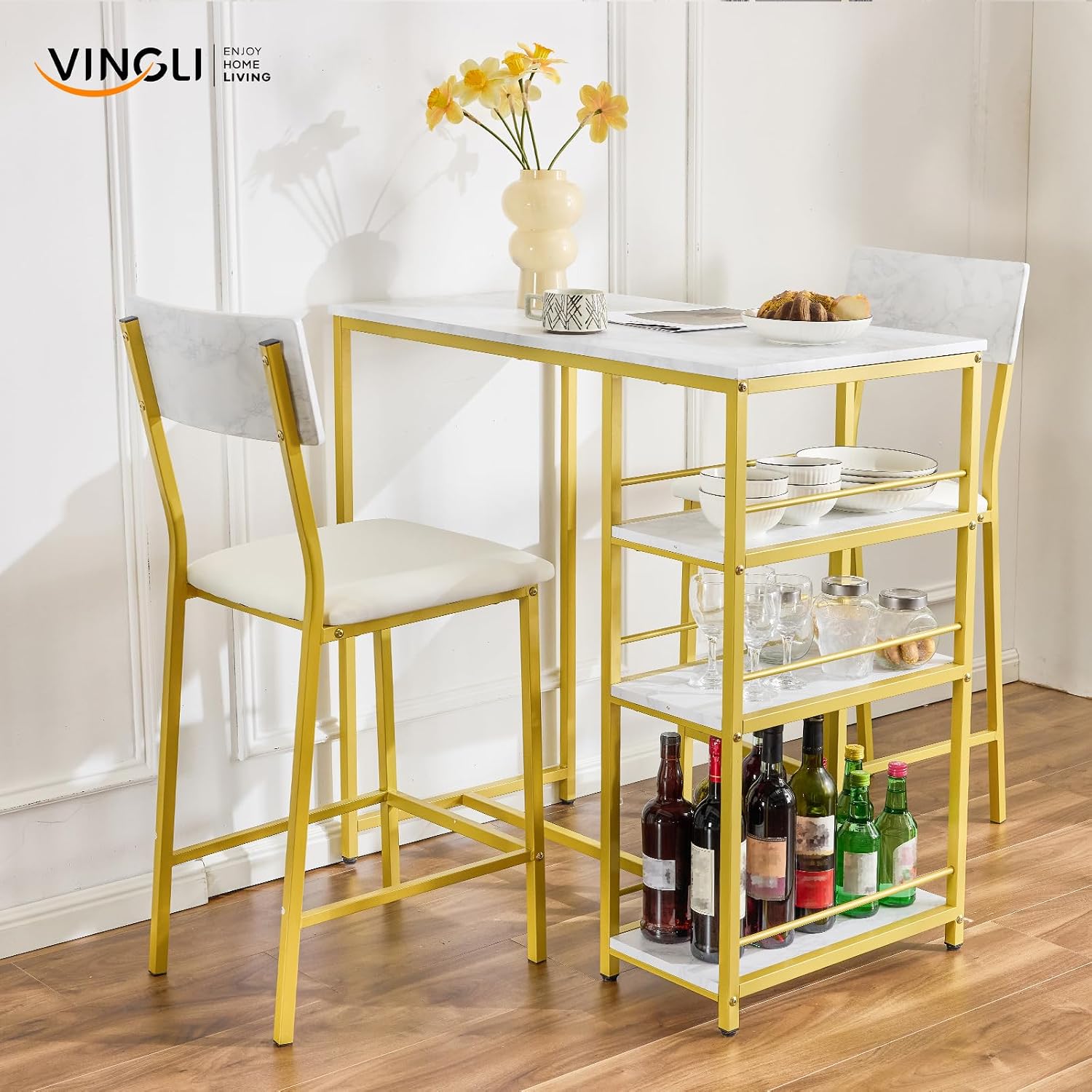 VINGLI Dining Table Set for 2, Kitchen Breakfast Counter Height Small 3 Piece Bar Table and Chairs Set with Storage, White Imitation Marble, Golden Frame