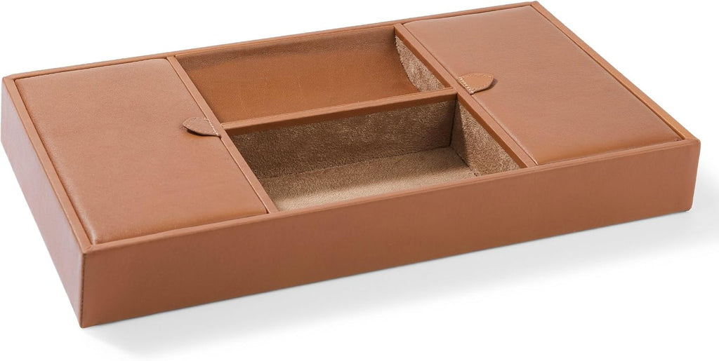 Leatherology Cognac Deluxe Valet Tray – Jewelry & Watch Organizer with Covered and Open Compartments, Microsuede Lining – Elegant Catchall for Bedroom, Closet or Bathroom