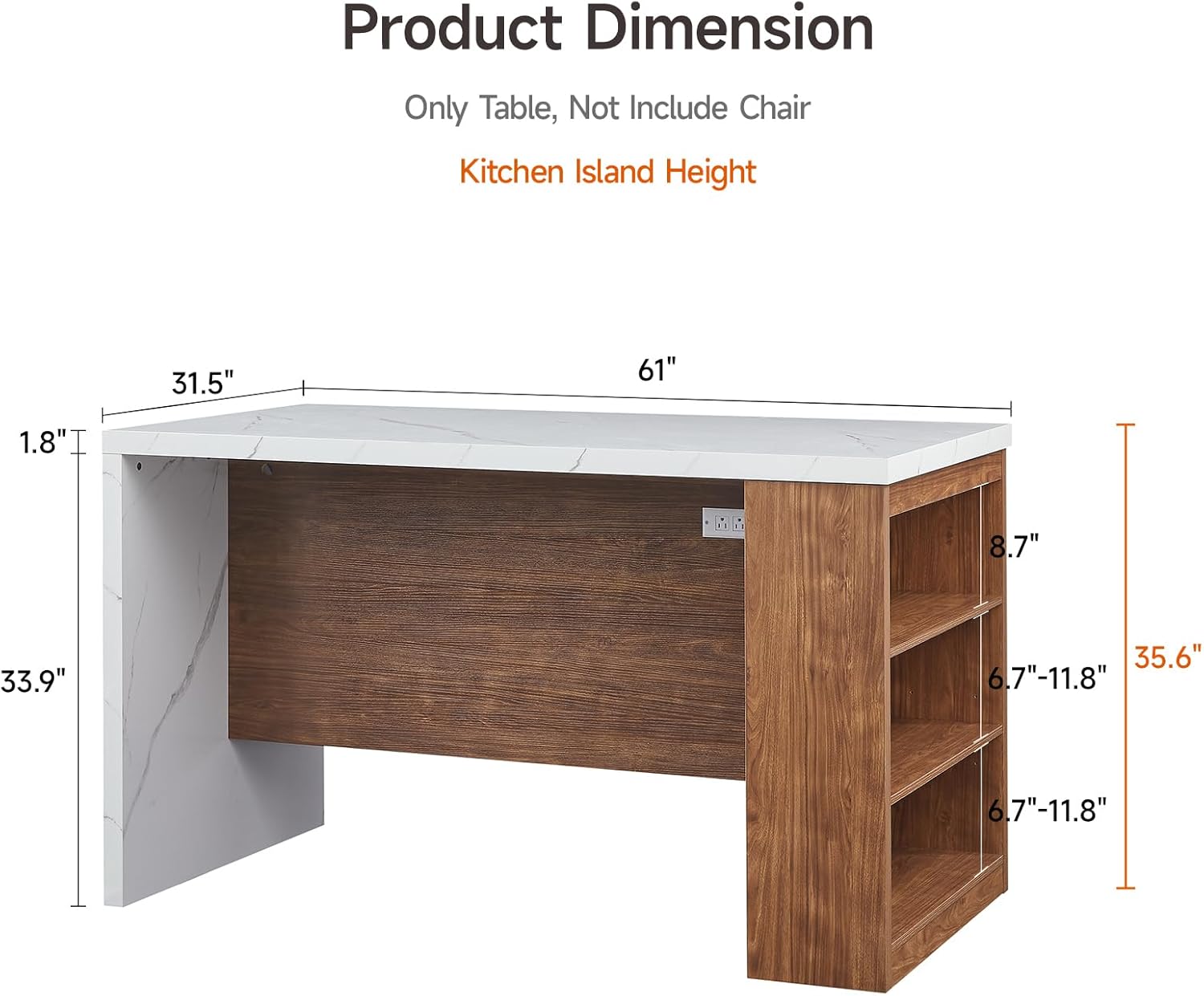 ONBRILL 61'*31' Whole Board of Tabletop Kitchen Island Table with Storage Space, Power Outlet & LED Lights, Modern Imitation Marble Large Counter Height Dining Table for 4 (White)
