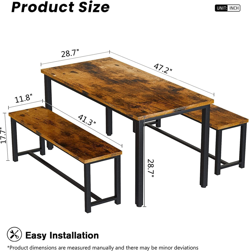 Dining Room Table Set with 2 Benches, Farmhouse Dining Table Set for 4-6, Wood Breakfast Table Set Dinner Table Set Kitchen Table and Chairs for Breakfast Nook Small Spaces, Brown