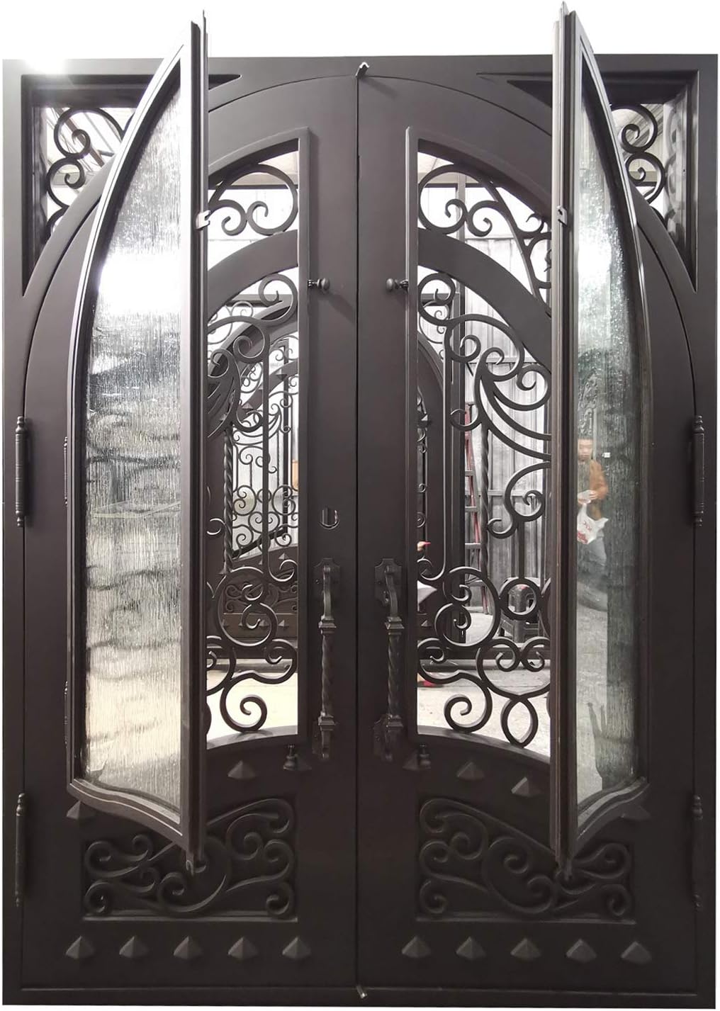 Canton Exterior Double Front Entry Door Wrought Iron with Operable Tempered Rain Glass Inside Swing Dark Bronze Finish (72 By 108 Right Hinge Active)